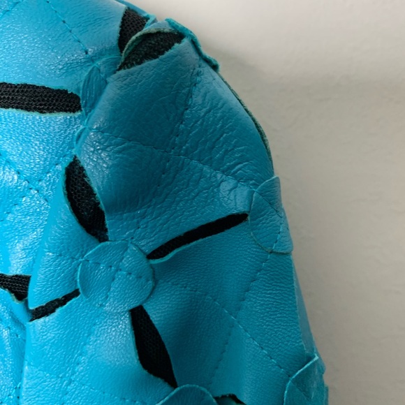 Women’s Akhesa Black Mesh Blue Leather Fitted Moto Jacket SZ M - Picture 6 of 8